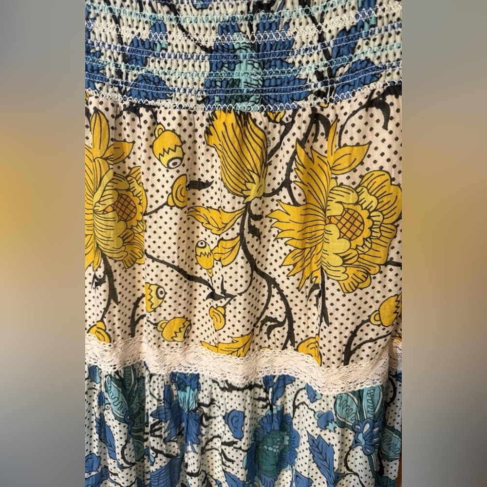 MAGAZINE Strapless Maxi Boho Dress Cotton  Stretchy Top Yellow Blue Fuchia SZ M - Picture 4 of 5